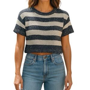 Sequinned striped knit short sleeve sweater, Medium, cream & blue Coastal Preppy